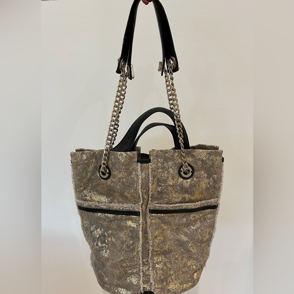 RAMY BROOK Tote Bucket BAG GOLD METALLIC Canvas & Leather CHAIN Strap NWT